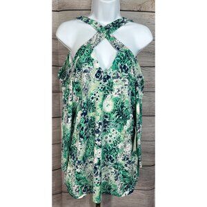 Cato Contour Fit Cold Shoulder Floral Ruched Long Sleeve Stretch Blouse 14/16W